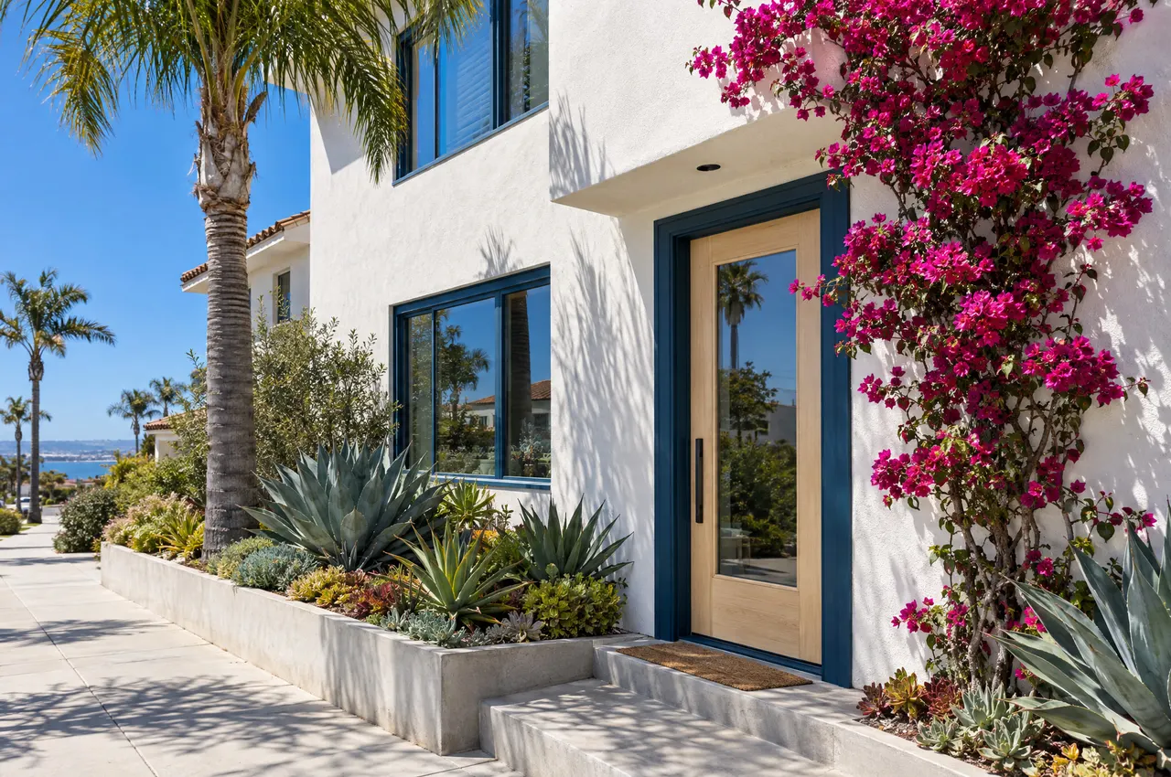Entrance of the office: a white stucco building, an oak door framed in deep blue and magenta bougainvillea climbing the wall