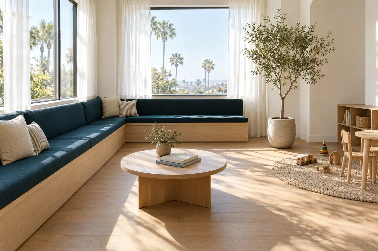 Bright waiting room with a long oak bench and deep blue cushions, an olive tree and a kids' corner with wooden toys
