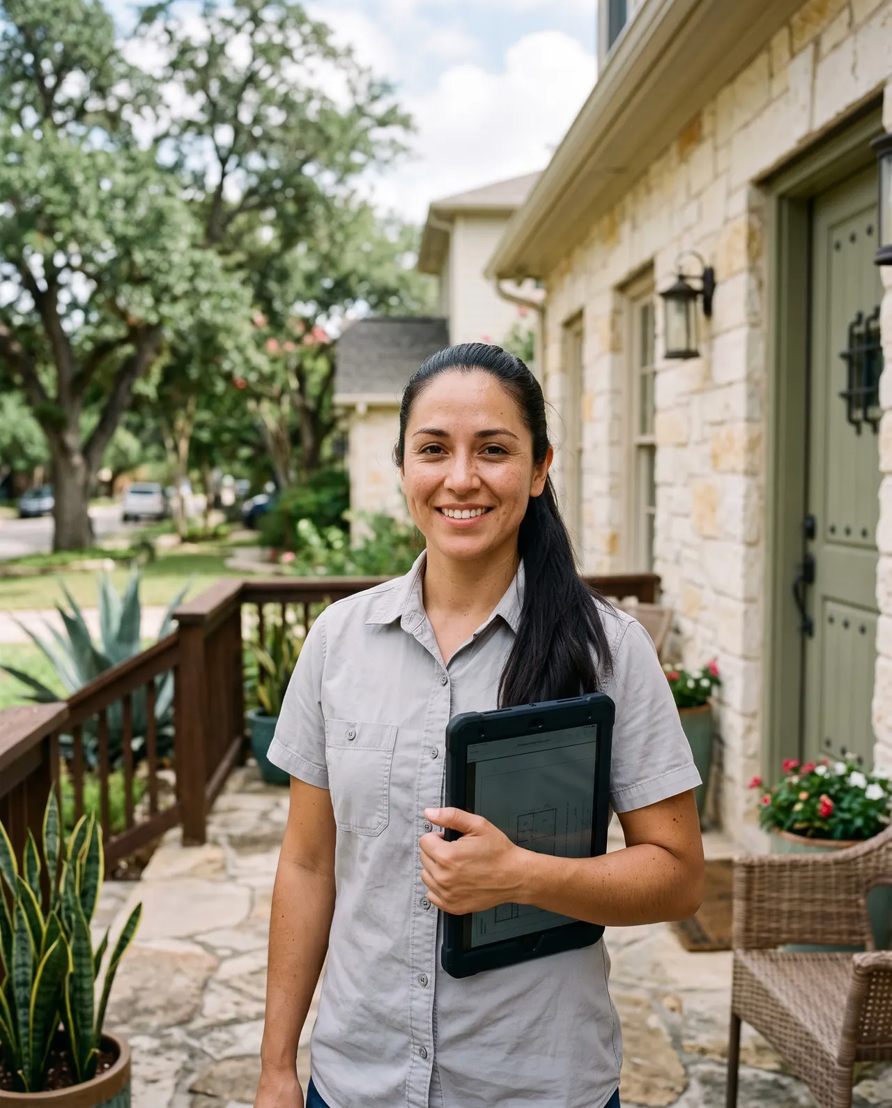 Ana Castañeda, project manager, holding a tablet on the porch of a limestone house