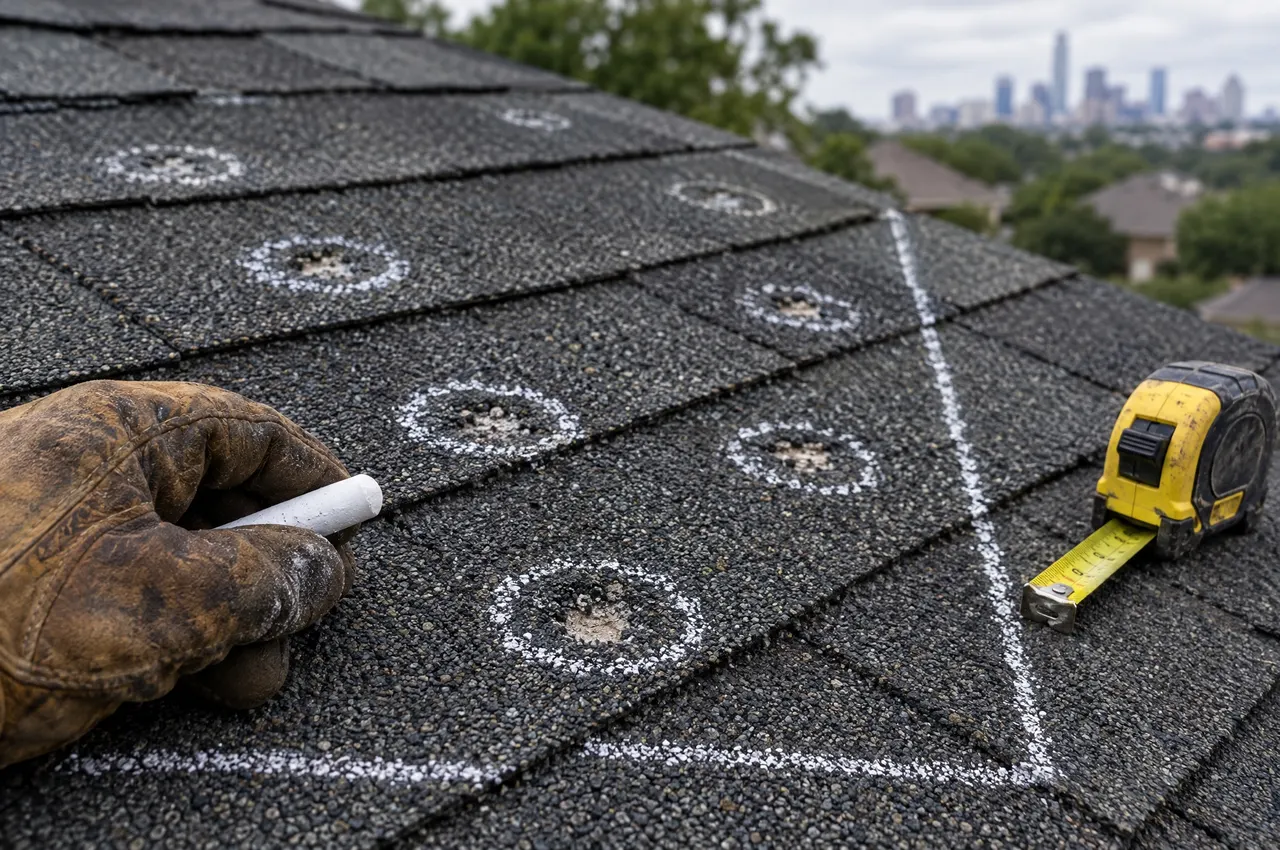 Hail hits circled in white chalk on charcoal shingles, a gloved hand holding the chalk