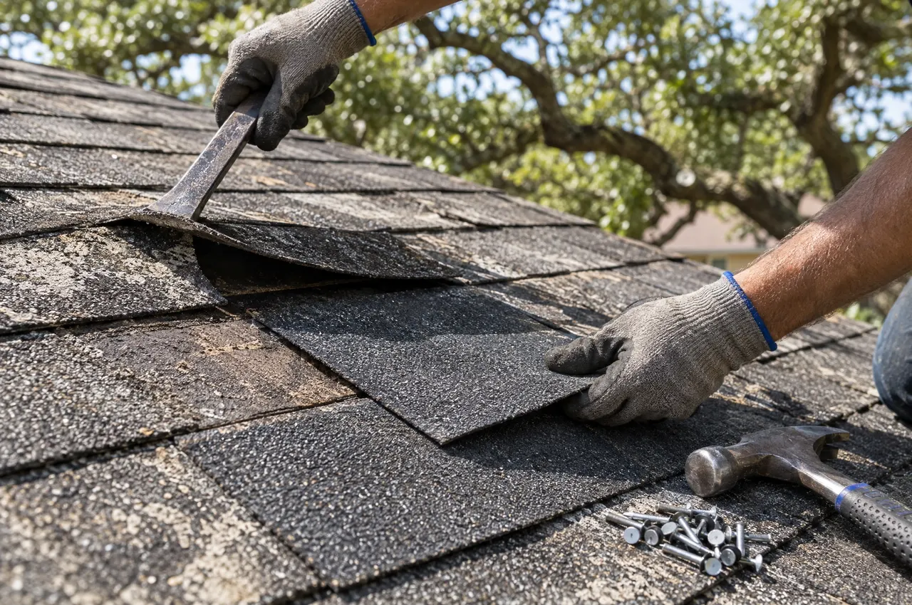 Gloved hands sliding a new shingle under a lifted tab with a flat pry bar, a hammer and roofing nails beside the repair